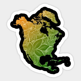 Colorful mandala art map of North America with text in green and orange Sticker